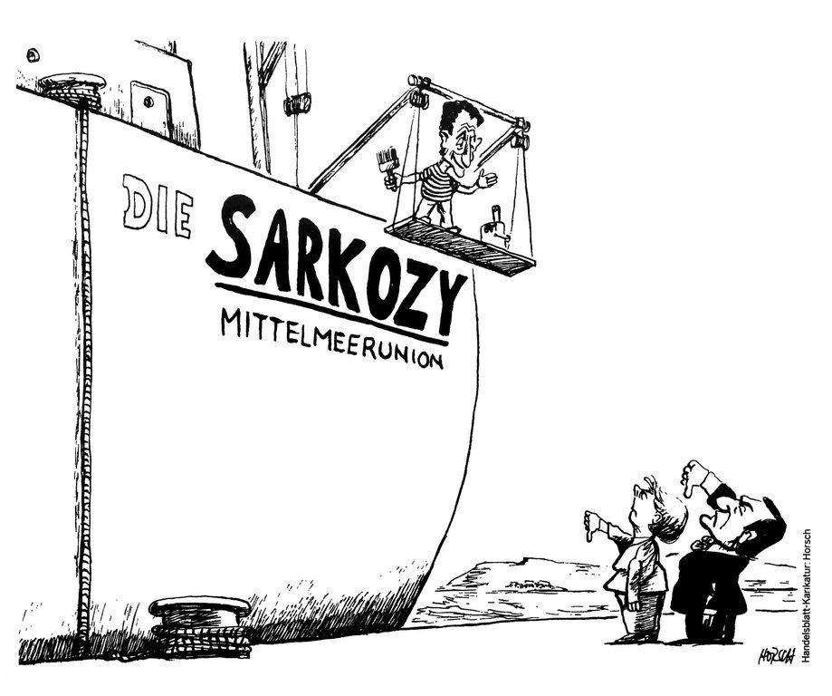 Karikatur von Horsch zum französischen Vorhaben der Schaffung einer Mittelmeerunion (14. Juli 2008)