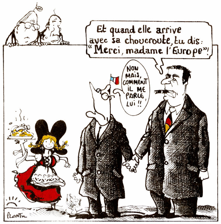 Cartoon by Plantu on the difficult relations between France and Germany (1 February 2001)