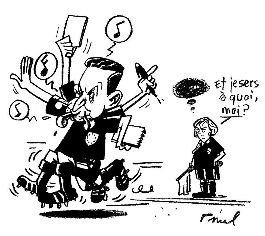 Cartoon by Pinel on the political activism of French President Nicolas Sarkozy (24 October 2008)