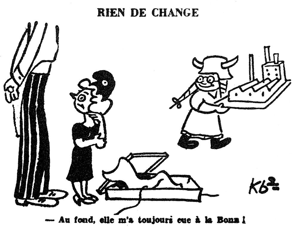 Cartoon by Kb2 on the dangers of a resurgence of German industrial power (16 November 1949)