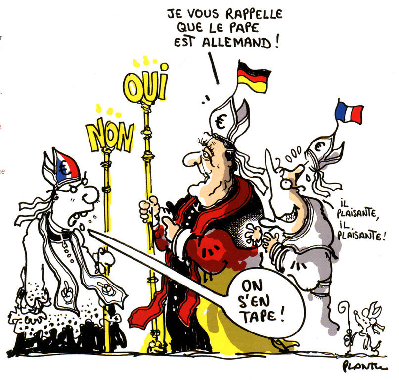 Caricature de Plantu sur le couple franco-allemand et la question du traité constitutionnel européen (27 avril 2005)