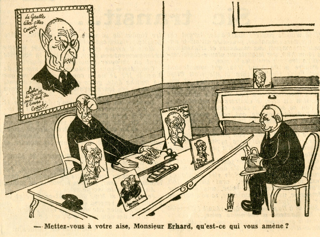 Cartoon by Moisan on relations between de Gaulle and Erhard (20 November 1963)