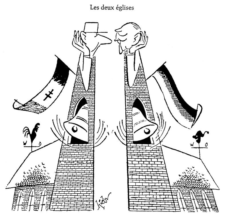 Cartoon by Hicks on the meeting between de Gaulle and Adenauer in Colombey-les-deux-Églises (16 September 1958)