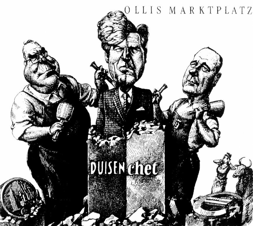 Karikatur Ollis Marktplatz zu den deutsch-französischen Meinungsverschiedenheiten in Bezug auf die EZB (25. April 1998)
