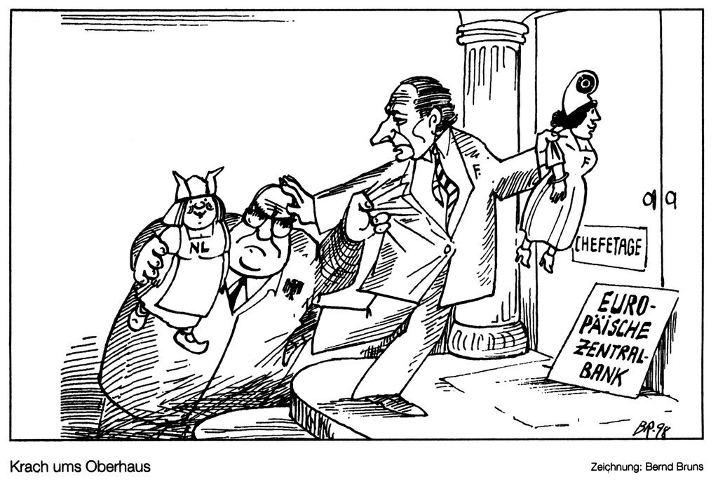 Karikatur von Bruns zu den Spannungen zwischen Deutschland und Frankreich im Zusammenhang mit der EZB (22. April 1998)