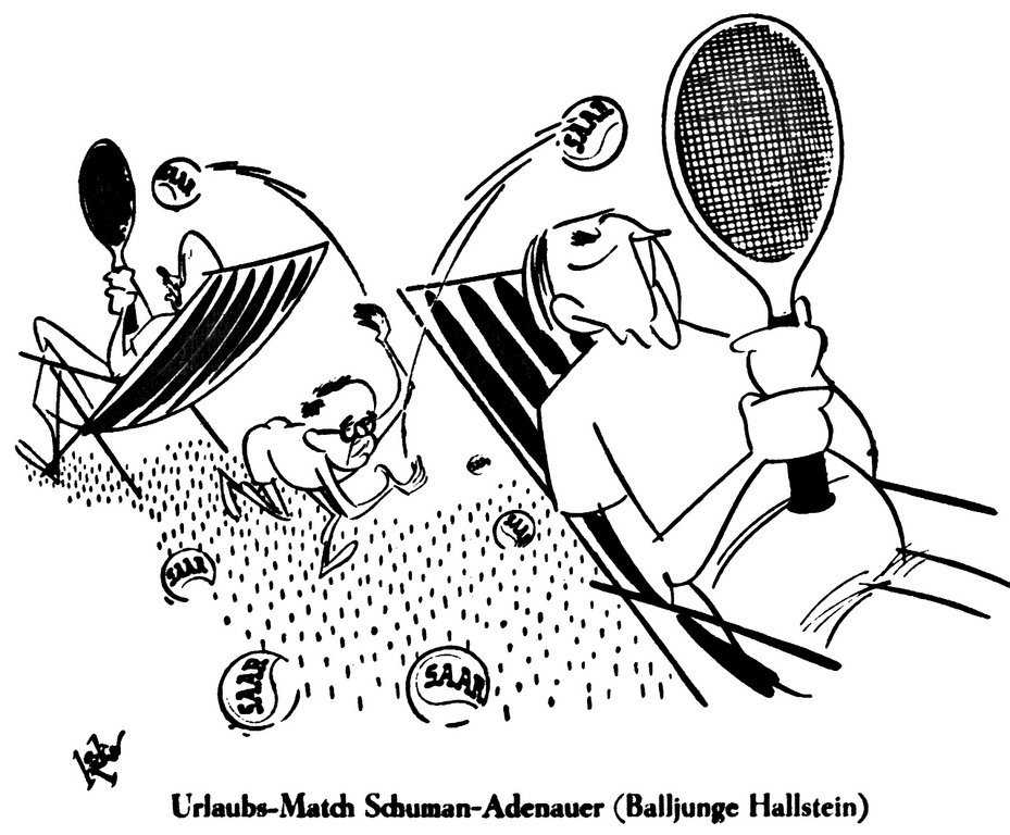 Karikatur von Hicks über die deutsch-französischen Beziehungen im Zusammenhang mit dem Saarland (7. August 1952)