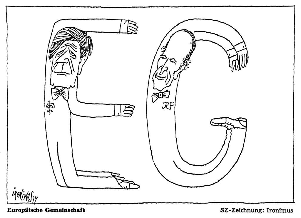 Karikatur von Ironimus zum europäischen Engagement des deutsch-französischen Gespanns (9. Juli 1974)