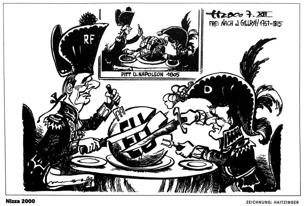 Karikatur von Haitzinger zu den Herausforderungen auf der Tagung des Europäischen Rates in Nizza (7. Dezember 2000)