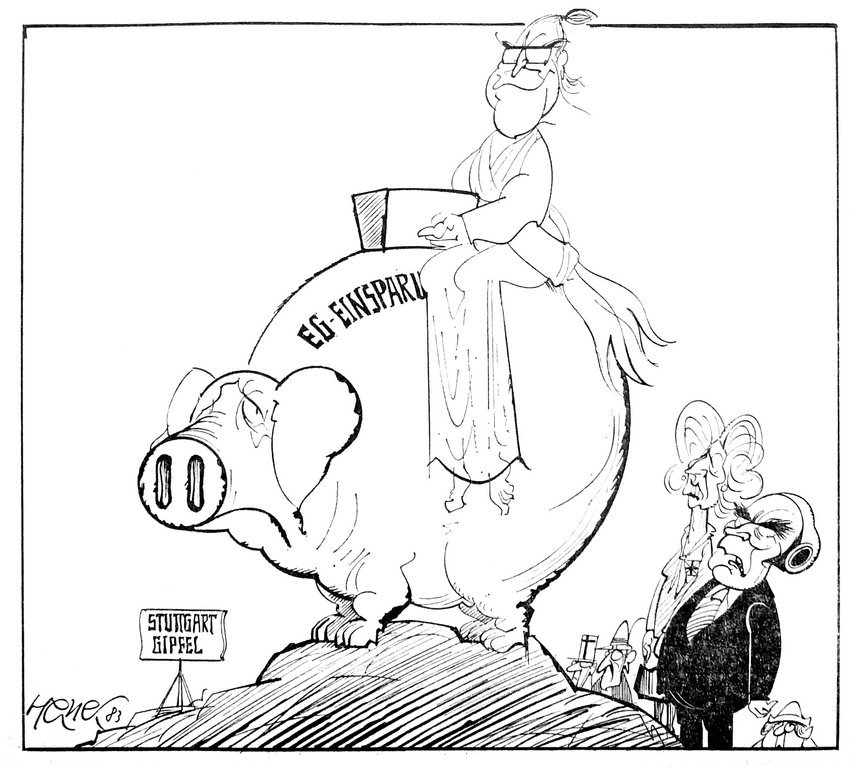 Caricature de Hanel sur le financement du budget européen: le Conseil européen de Stuttgart (20 juin 1983)