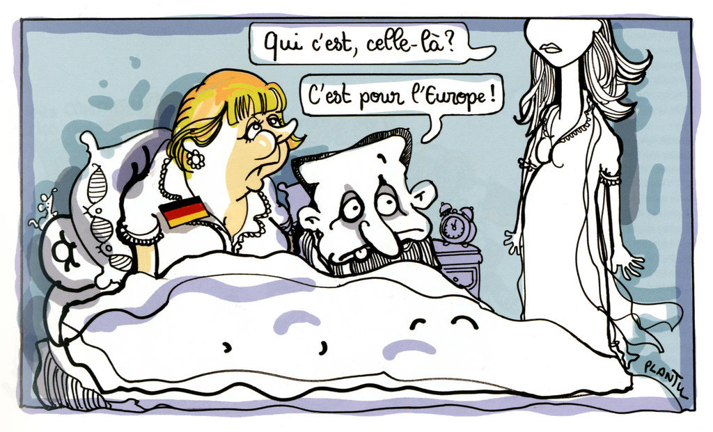 Caricature de Plantu sur le couple franco-allemand face à la crise de la zone euro (14-15 août 2011)