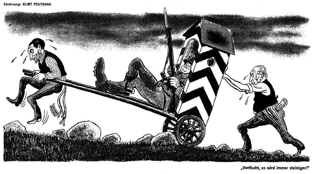 Karikatur von Poltiniak zur Frage der Wiederbewaffnung Westdeutschlands (1955)