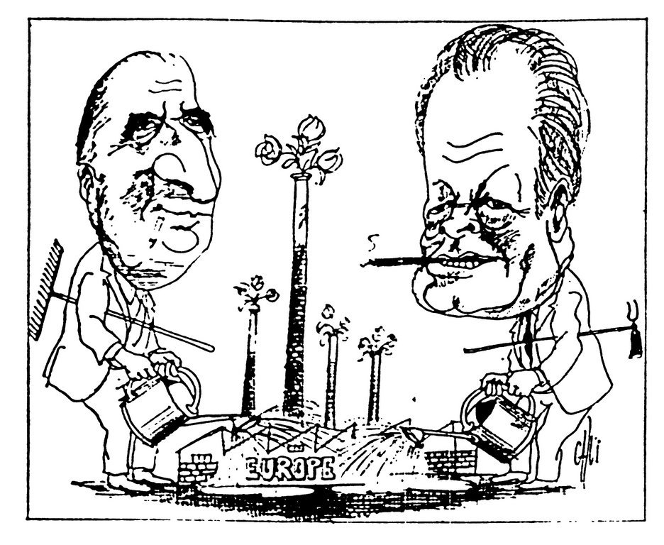 Karikatur von Calvi über das europäische Vorgehen von Staatspräsident Pompidou und Bundeskanzler Schmidt (28. Januar 1971)