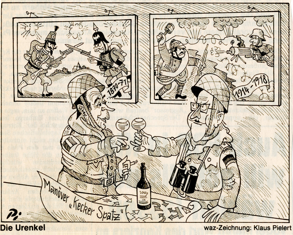 Karikatur von Pielert zur militärischen Zusammenarbeit zwischen Deutschland und Frankreich (25. September 1987)