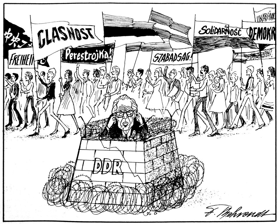 Cartoon by Behrendt on the protest movements in the GDR (10 July 1989)