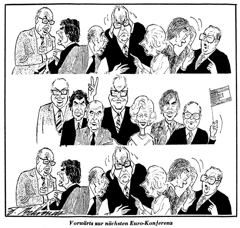 Cartoon by Behrendt on the difficult negotiations during European Councils (23 July 1985)