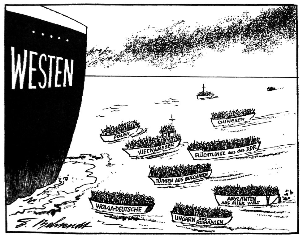 Cartoon by Behrendt on the arrival of refugees in the West (12 August 1989)
