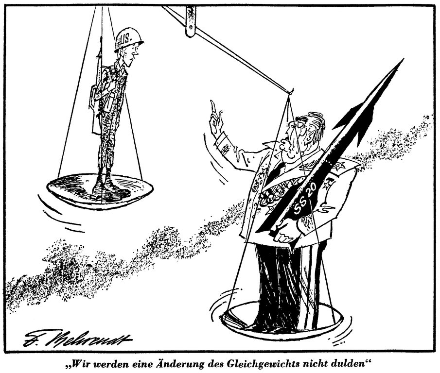 Cartoon by Behrendt on the consequences of the installation of Soviet SS-20 missiles (21 November 1980)