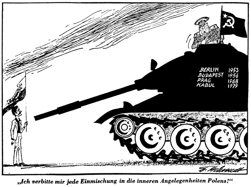 Caricature de Behrendt sur les risques d'une intervention militaire soviétique en Pologne (12 décembre 1980)