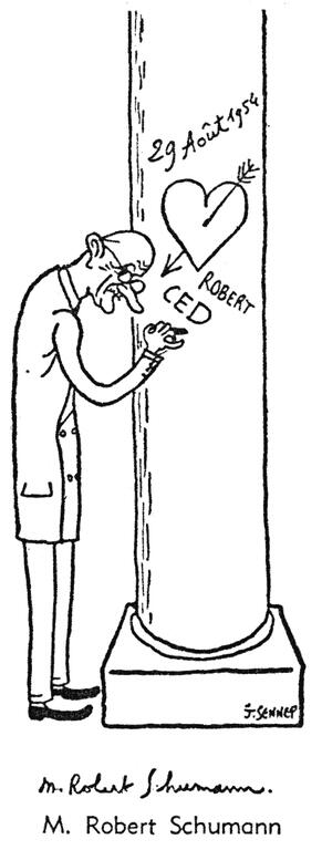 Cartoon by Sennep on Robert Schuman and the EDC (30 August 1954)