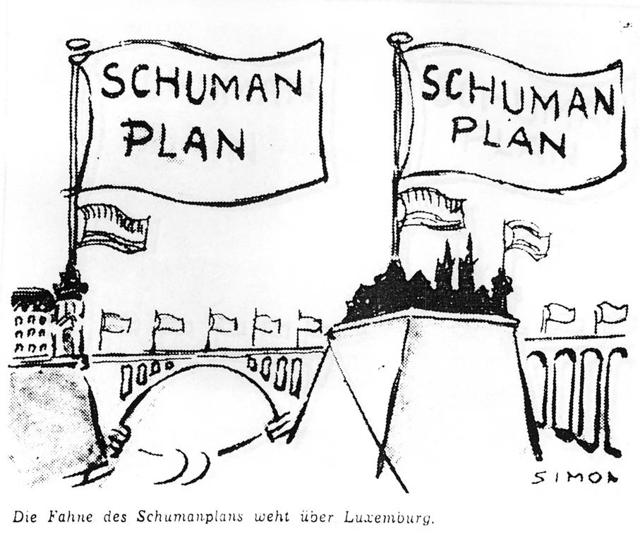 Karikatur von Simon zum Schuman-Plan und Luxemburg (9. August 1952)
