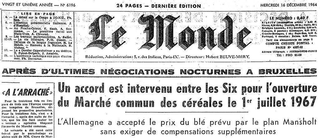  La Une du quotidien français <i>Le Monde</i> (16 décembre 1964)