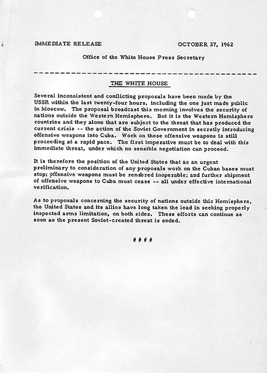 Press statement by the White House on the Cuban missile crisis (27 October 1962)