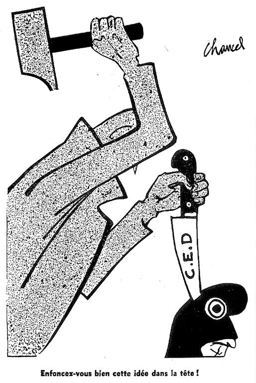 Karikatur von Chancel zur Europäischen Verteidigungsgemeinschaft (April 1954)