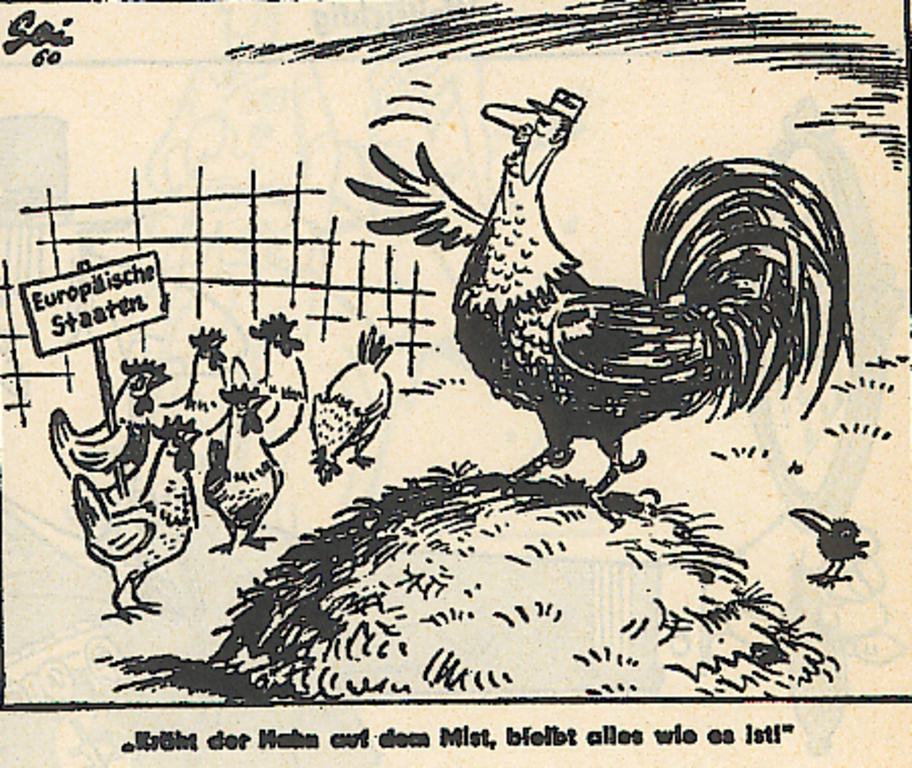 Caricature de Geisen sur la conférence de presse du général de Gaulle et sa vision d'une Europe des États (9 septembre 1960)