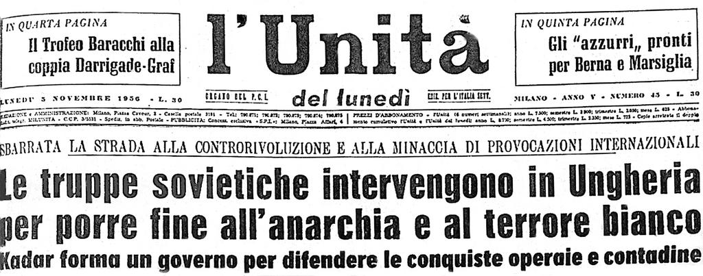L'insurrection hongroise - la une du quotidien communiste italien <i>L'Unità</i> (5 novembre 1956) 