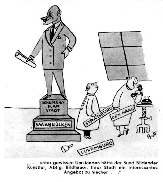 Karikatur von Bob zur Frage des Sitzes der EGKS (August 1952)