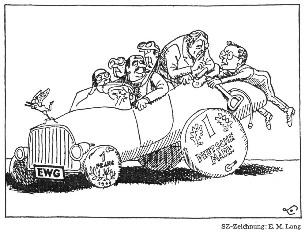 Karikatur von Lang zu den Währungsschwankungen in Europa (13. August 1969)