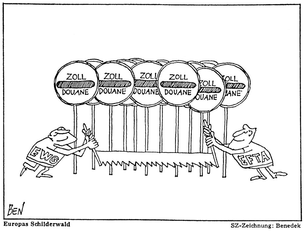 Cartoon by Benedek on the cooperation between the EEC and EFTA (25 July 1972)