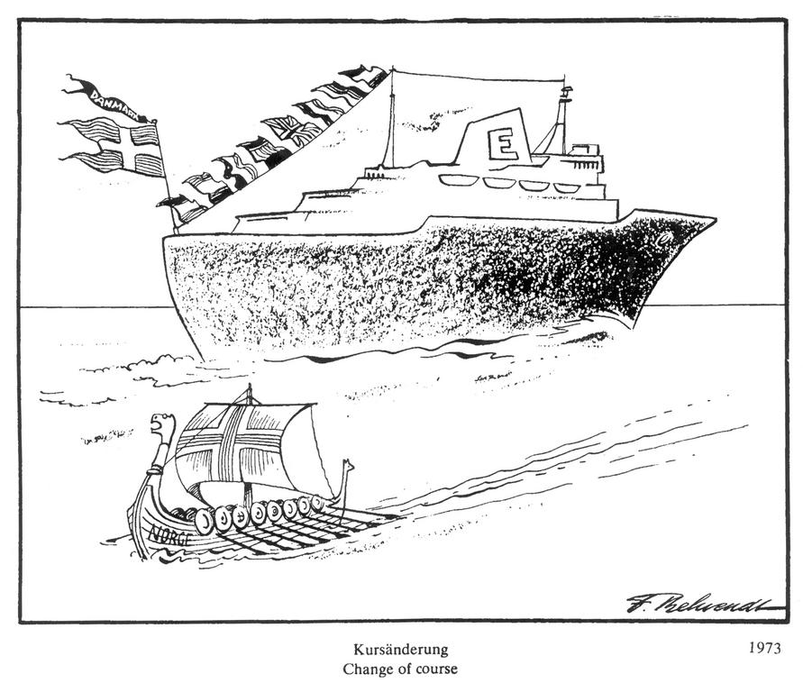 Cartoon by Behrendt on Norwegian refusal to enter EC (1973)