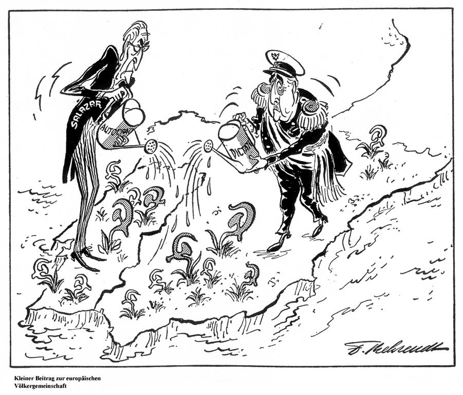 Cartoon by Behrendt on the dictatorships in Spain and Portugal (May 1962)
