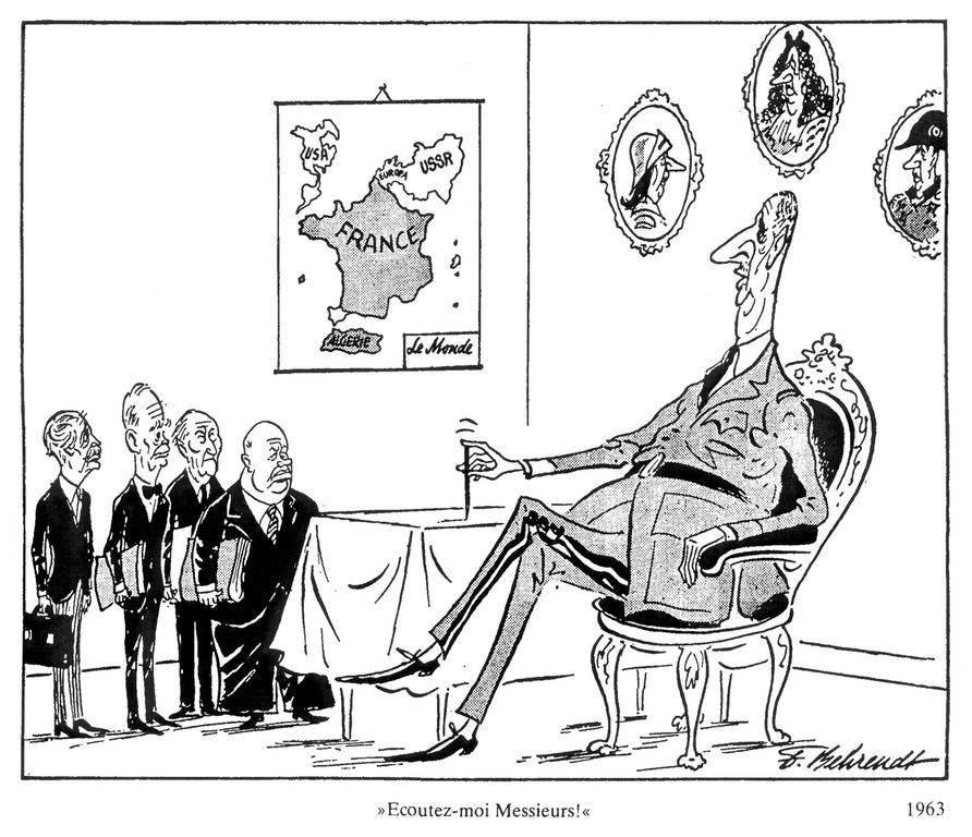 Caricature de Behrendt sur de Gaulle et la politique étrangère de la France