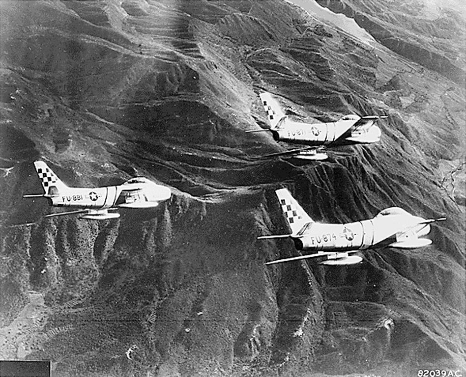 US Air Force 'F-86 Sabre' jet fighters over Korean territory (1952)