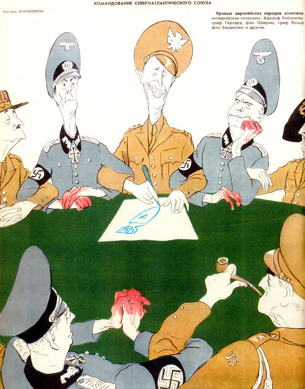 Caricature de Kukriniksi sur l'adhésion de la République fédérale d'Allemagne à l'OTAN (30 mai 1955)