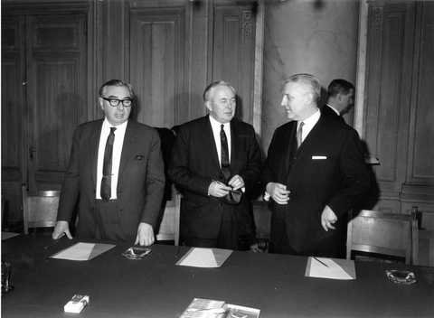 Pierre Werner, Harold Wilson et George Brown (Luxembourg, 8 mars 1967)