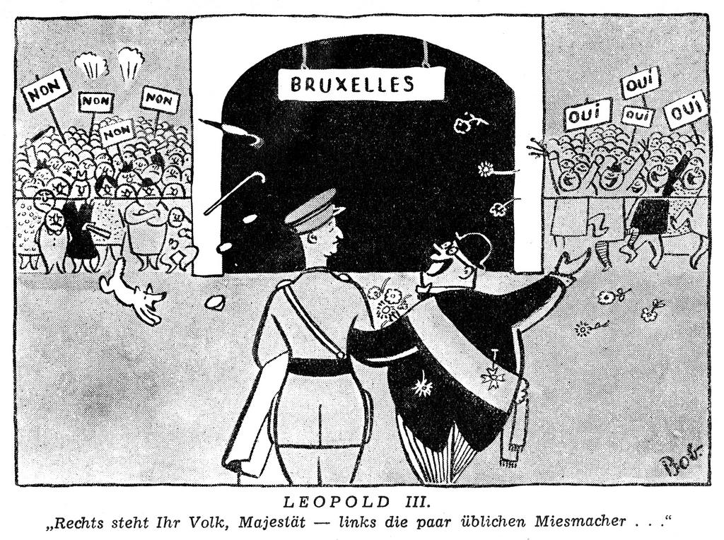 Cartoon by Bob on the question of the monarchy in Belgium (April 1950)