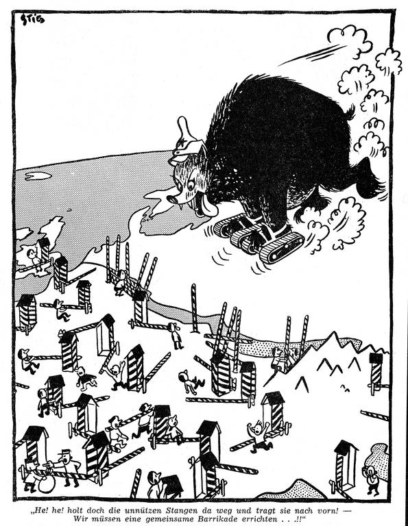Cartoon by Stig on the Soviet threat (April 1950)