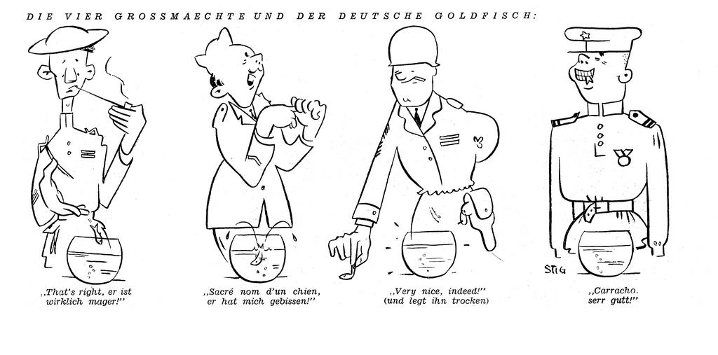 Karikatur von Stig zu den Beziehungen zwischen den vier Alliierten und Deutschland (September 1948)