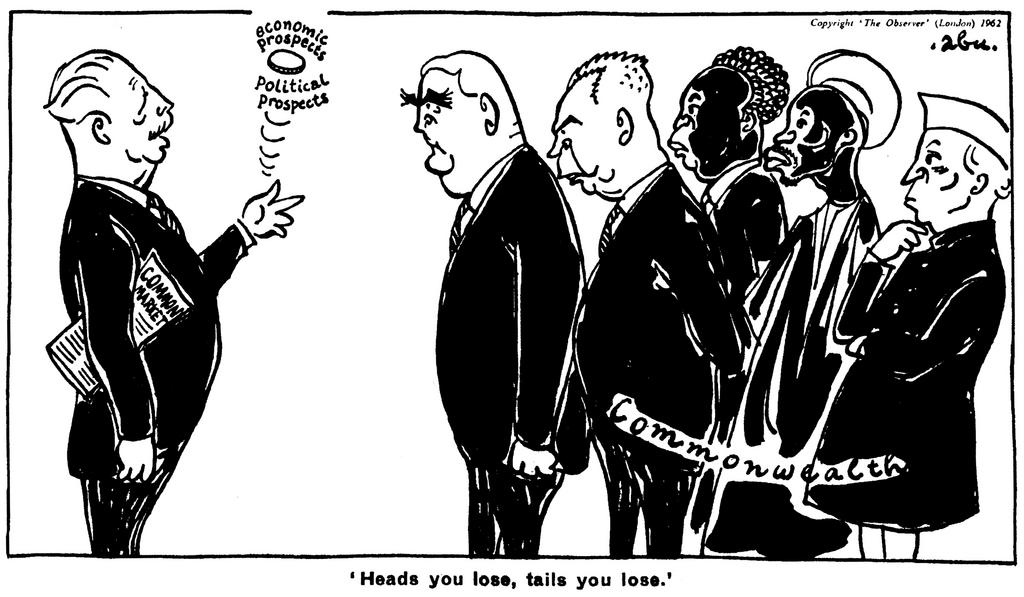 Cartoon by Abu on the British application for admission to the EC and its relationship with the Commonwealth (22 April 1962)