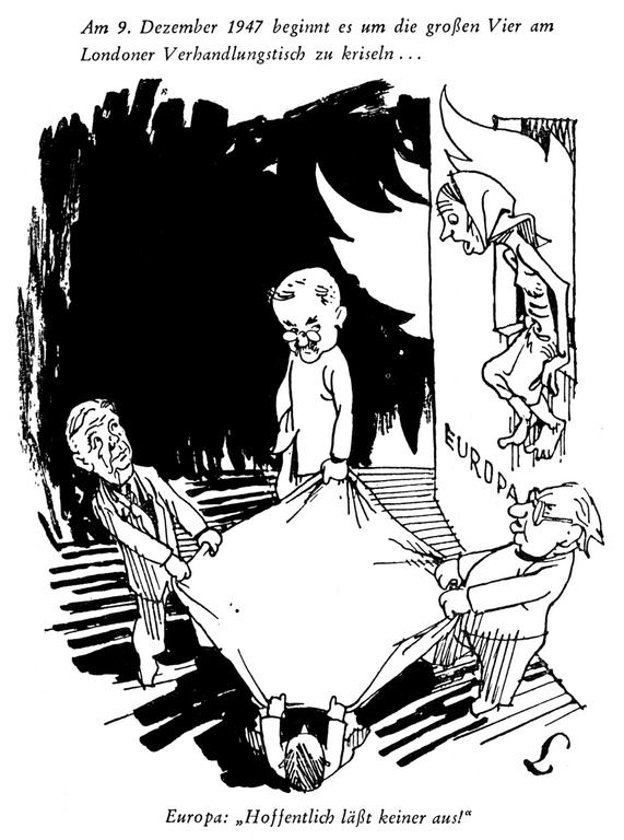 Cartoon by Lang on the reconstruction of Post-War Europe (13 December 1947)
