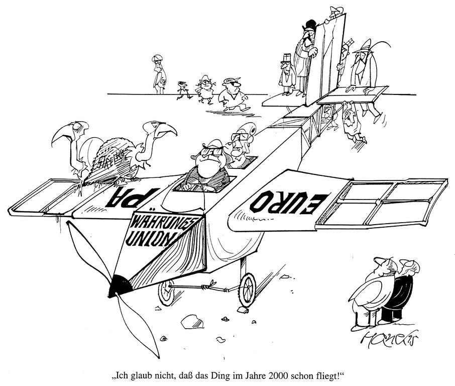 Cartoon by Hanel on the implementation of the Economic and Monetary Union (1995)