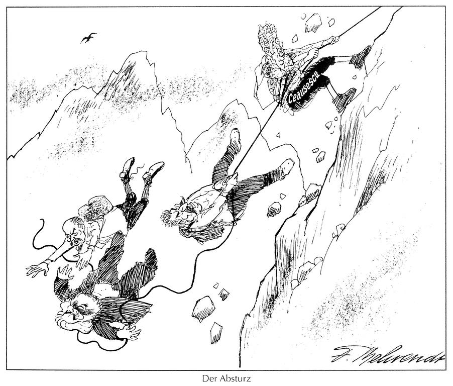 Caricature de Behrendt sur la fin du régime communiste en Roumanie (1989)