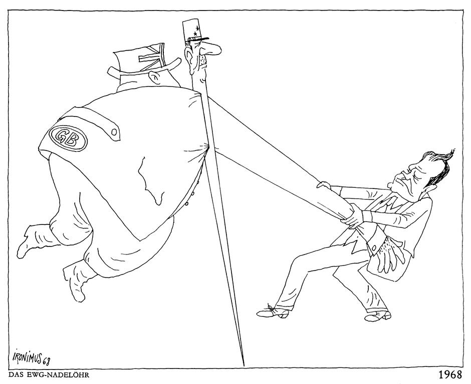 Caricature d'Ironimus sur les difficultés de l'adhésion britannique aux CE (1968)