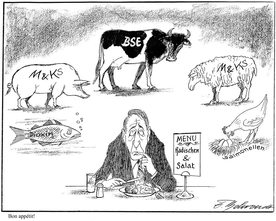 Cartoon by Behrendt on the hazards associated with the food-processing industry