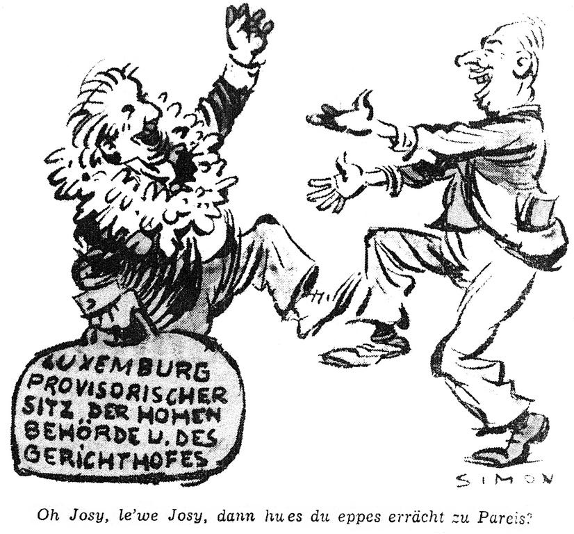 Cartoon by Simon on the installation of the provisional seat of the High Authority of the ECSC in Luxembourg (5 August 1952)