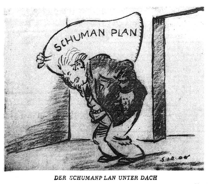 Cartoon by Simon on the ratification of the ECSC Treaty by Luxembourg (20 May 1952)