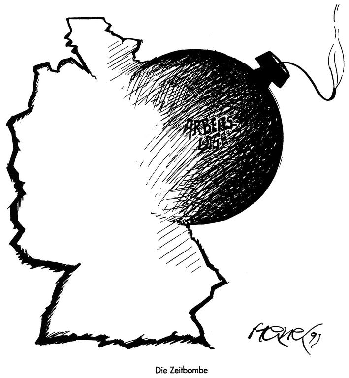 Cartoon by Hanel on unemployment in the former GDR (1991)